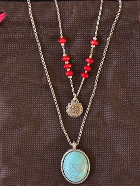 Layered Silver Necklace Set with Turquoise Pendant and Red Beads